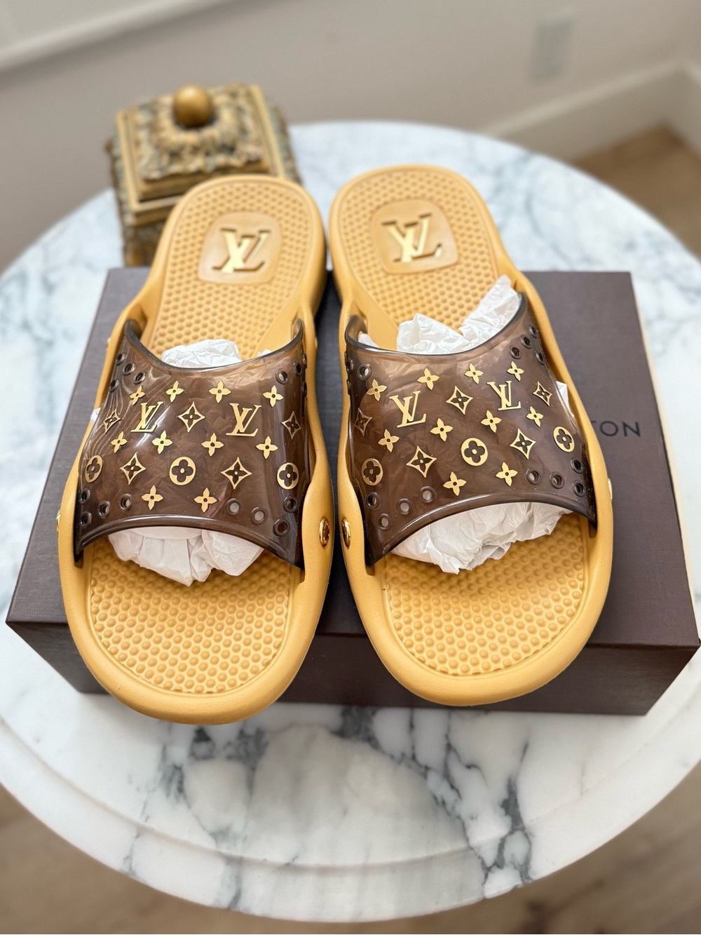 Louis Vuitton Monogram Slide Sandals in Brown & Tan